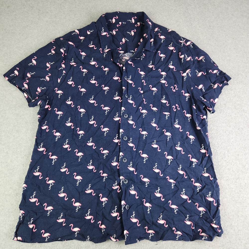 Mens Casual Shirt XL Navy Pink Flamingo Rayon Short Sleeve Collared Button Up